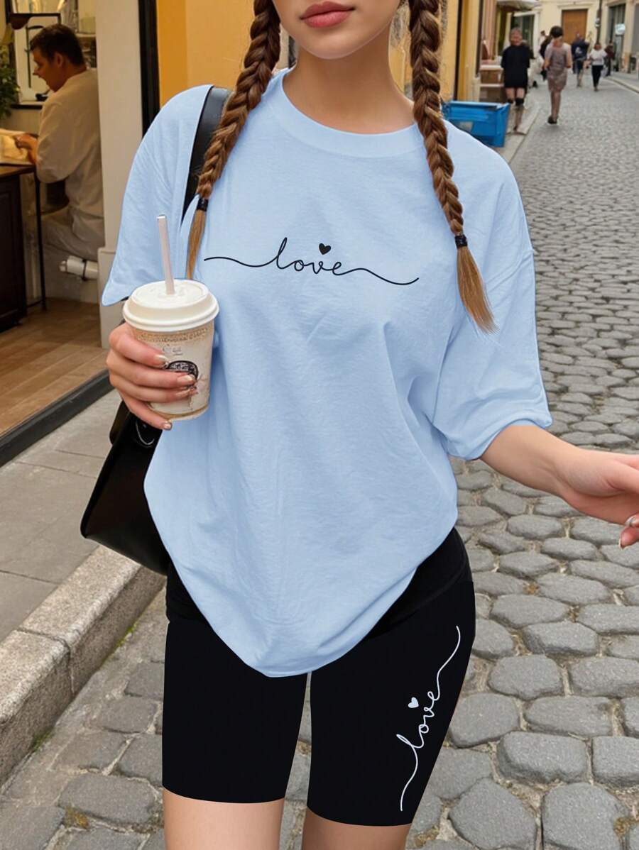 SHEIN 青少年女孩休闲简约短袖圆领两件套，适合夏季