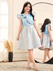Conjunto de blusa con puños de encaje floral 3D elegante y falda midi plisada de satén jacquard para niña adolescente, color champán dorado - Celeste - Ver 3