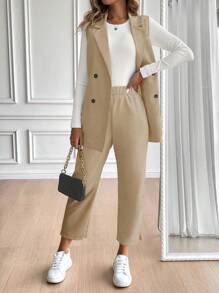 SHEIN Clasi Women's Long Length Vest With Tie Waist, Minimalist Suit Set - Khaki - View 3