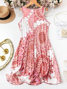 SHEIN LUNE Plus Size Women Floral Print V-Neck Sleeveless Casual Dress - Orange - View 2