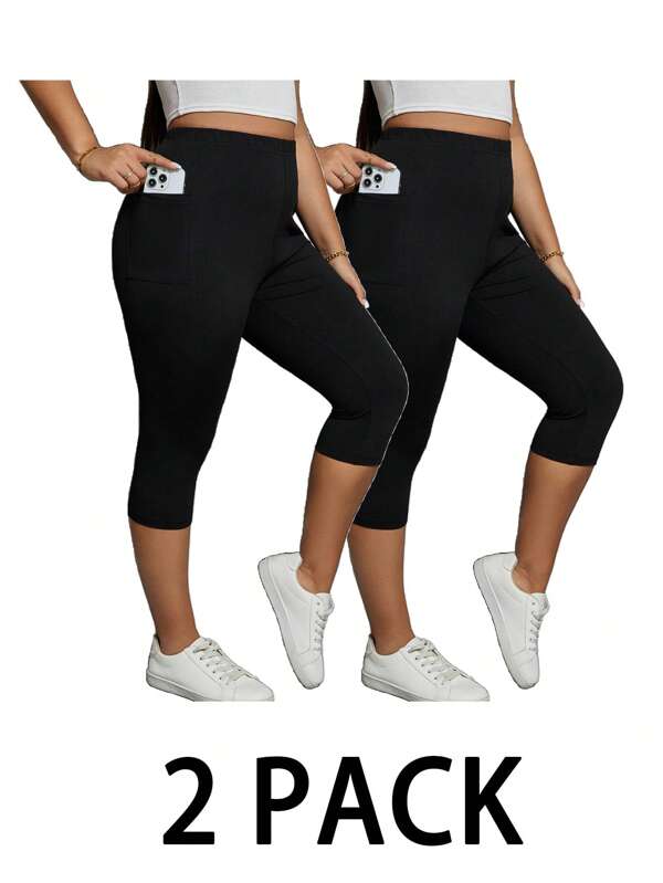 SHEIN Essnce Pantalones capri de verano para mujer talla grande, 2 piezas de leggings, leggings negros con bolsillos, pantalones de yoga y fitness, leggings cómodos, pantalones de verano
