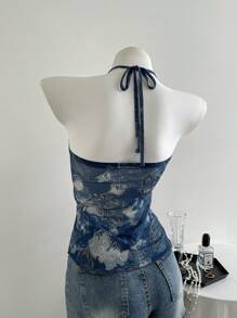 Elamini Women's Casual Blue Cashew Floral Print Halter Neck Camisole For Spring/Summer