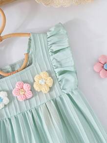Pelele para bebé niña con volantes en las mangas, decoración floral tejida multicolor y volantes, estilo casual y lindo para exteriores en verano - verde menta - Ver 4