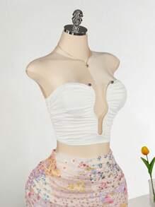 SHEIN ICON Plus Size Women's White Asymmetrical Cutout Neck Strapless Crop Top - White - View 5