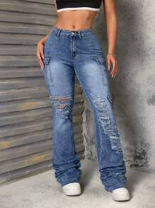 SHEIN SXY Women's Fashion Casual Slim Fit Cargo Jeans - Light Wash - View 6