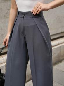 RueChic 女士纯色侧袋前褶拉链纽扣前阔腿裤西装裤下装办公室时尚女士季节性优雅休闲 - 深灰色 - 查看 7