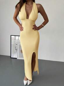Aloruh Plunging V-Neck Side Slit Tight Fitting White Dress For Women,Party Dress,Butter Yellow Dress - Yellow - View 4
