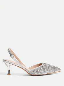 CUCCOO TILAWA Zapatos de tacón alto con puntera puntiaguda y brillo plateado, zapatos de fiesta y boda con adornos de strass, tacones altos delgados para mujer - Plateado - Ver 3