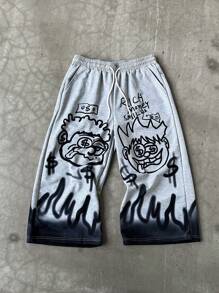 PAVTROS Manfinity Streetrush Men's Letter & Cartoon Graphic Drawstring Waist Graffiti 3/4 Length Sweatpants, For Rave - Light Grey - View 3