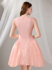 Poshira 女士优雅纯色腰部拼接褶皱后背吊带晚礼服，毕业礼物毕业礼服，女士时尚礼服长裙，串珠设计，亮片，吊带女士夏季连衣裙，派对礼服，舞会礼服 - 粉色 - 查看 2