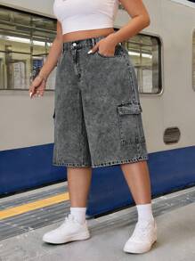 SHEIN ICON Jeans cargo lavati blu con tasche grandi e taglio morbido dritto