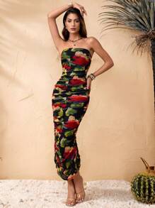 Almamuse Abito lungo donna con stampa floreale, aderente e senza maniche, smanicato e dallo stile lusinghiero