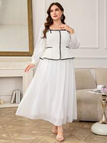 Modelyn Square Neck Elegant Plus Size 2 In 1 Dress Fall Cloth For Women - White - View 5