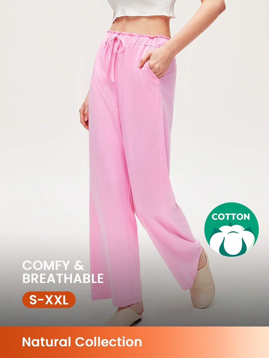 LUVLETTE Soft 100% Pure Cotton Wide Fit Women Pink Lounge Bottom Airy Pajama Pants Pajama Style Trousers Pants With Pockets Lingerie As Outerwear Bridal Intimates - Pink - View 1