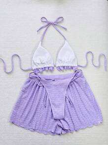 Swim Vcay 女士夏季沙滩纯色荷叶边挂脖简约时尚比基尼套装，含短裤，三件套泳装 - 紫色 - 查看 2