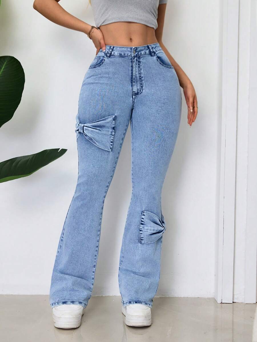 SHEIN SXY Quần Jeans Ống Loe Họa Tiết Nơ Đơn Giản Cho Nữ - Màu xanh lam - Xem 1