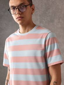SUMWON Camiseta de rayas de puesta de sol de verano, camiseta básica de manga corta y cuello redondo, esencial casual, streetwear retro de colores pastel para la playa y el descanso