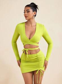 LUNA B Neon Green Solid Color Deep V Neck Overlap Tie-Up Long Sleeves Crop Top Summer Clothes Beach - Green - View 7