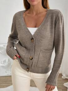 EURMUSE Women Balloon Sleeve Detailed V-Neck Cardigan With Pockets Fall Women Clothes,Long Cardigans Woman,Petite Cardigans,Cardigans - Mocha Brown - View 4