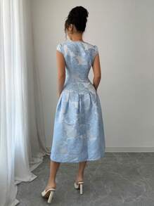 Elenzga 女式 2025 新款提花面料优雅长款休闲连衣裙（随机印花） - 藍色 - 查看 2