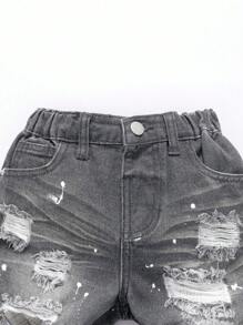 SHEIN Cool And Casual Dark Grey Ripped Denim Bermuda Shorts For Young Boys: Stylish Paint Splatter Design For A Modern Look - Dark Grey - View 3