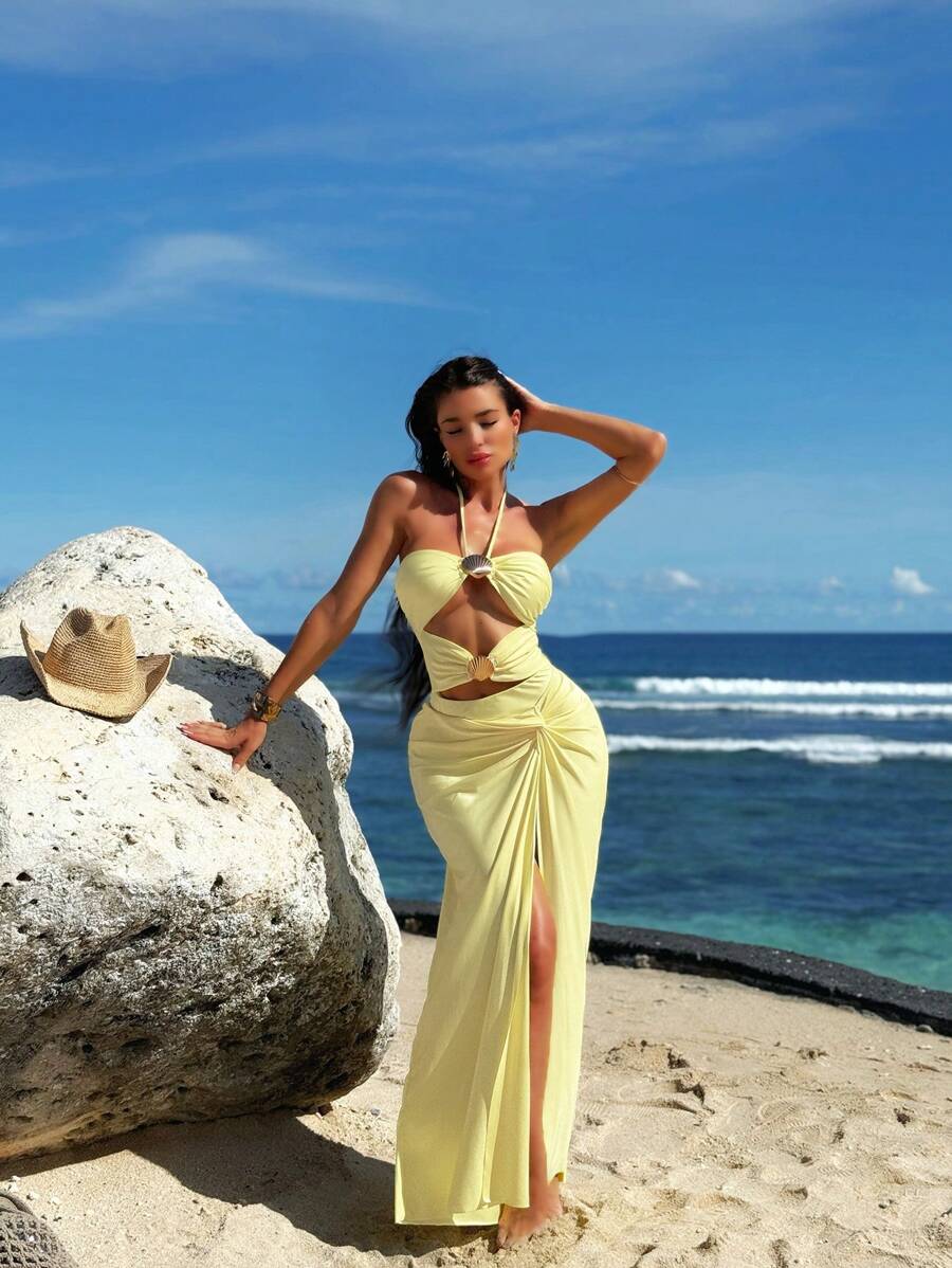 Swim Oasis 2pcs/Set Women's High-End Fashion Metallic Shell Decor Twist Front Hollow Out Halter Neck Sleeveless Beach Skirt And Swimsuit Set For Summer Beach Vacation