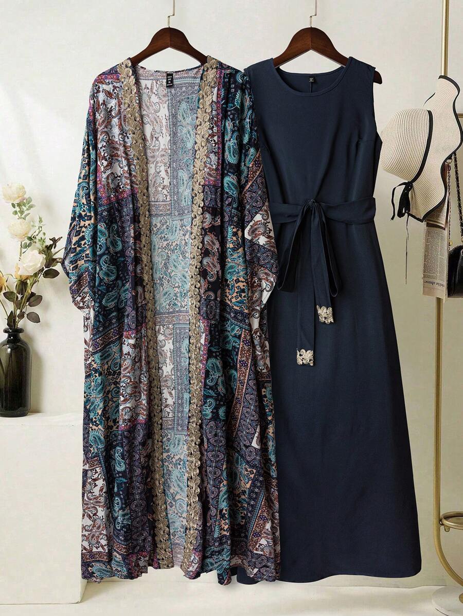 Al Najma Plus Size Women's Vintage Print Robe, Solid Color Sleeveless Robe Abaya Set, Modest