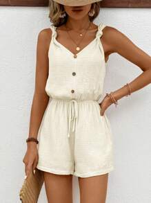 SHEIN Frenchy 女士纹理纽扣装饰松紧腰带夏季简约休闲连体裤短裤女式连体裤短裤女式亚麻连体裤舒适连体裤 - 米色 - 查看 3