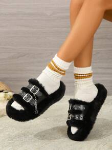 ROMWE Goth Fashionable And Versatile Outer Wear, High-End Thick-Soled Star Chain Furry Slippers Fall New Year Holiday Valentines Spring Shoes For Christmas Y2K - Black - View 2