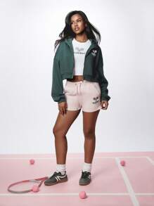 Missguided x Playboy Tennis Club Drawstring Shorts Athletic Lounge Wear Casual Workout Running Gym Summer Spring Elastic Waist Retro Sports Collection - Pink - View 1