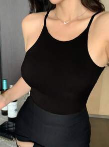 DAZY Sexy Solid Color Fitted Camisole Crop Top, Round Neck Tank Tops For Women, Spring/Summer - Black - View 5