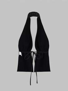 Top de tirantes con cuello halter, espalda descubierta y abertura delantera con cordones, estilo sexy y elegante para mujeres - Negro - Ver 2