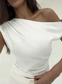 Aloruh Romantic Asymmetrical Neck Ruched 3D Floral Fitted Pink Blouse - White - View 7