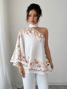 Rafferiza 女士优雅印花蝙蝠袖单肩不对称下摆系带衬衫