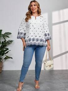 SHEIN Clasi Elegante camicia in taglie comode per donna con ricamo occhiellato e blocchi di colore