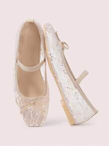 CUCCOO DOLLMOD 女士时尚浅杏色亮片装饰网眼玛丽珍平底鞋，可爱甜美，适合学生 - 杏色 - 查看 2