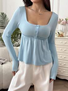 SHEIN EZwear 女式纯色长袖方领 T 恤，夏季时尚设计，娃娃装上衣 - 藍色 - 查看 4