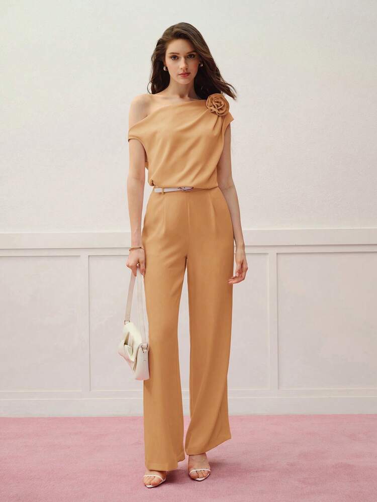STEREO FLORAL ASYMMETRICAL NECK TOP & PRESS CREASE PANTS