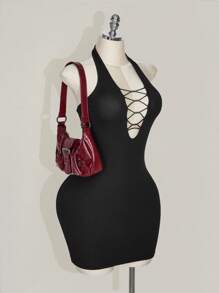 SHEIN ICON Fitted V-Neck Beaded Accent Backless Plus Size Bodycon Dress - Black - View 6