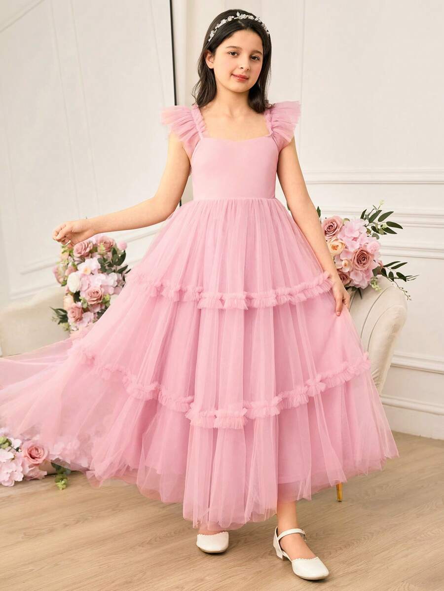 Pitira Pitira Tween Girl Elegant Pink Mesh Ruffle Hem Summer Dress - Pink - View 1