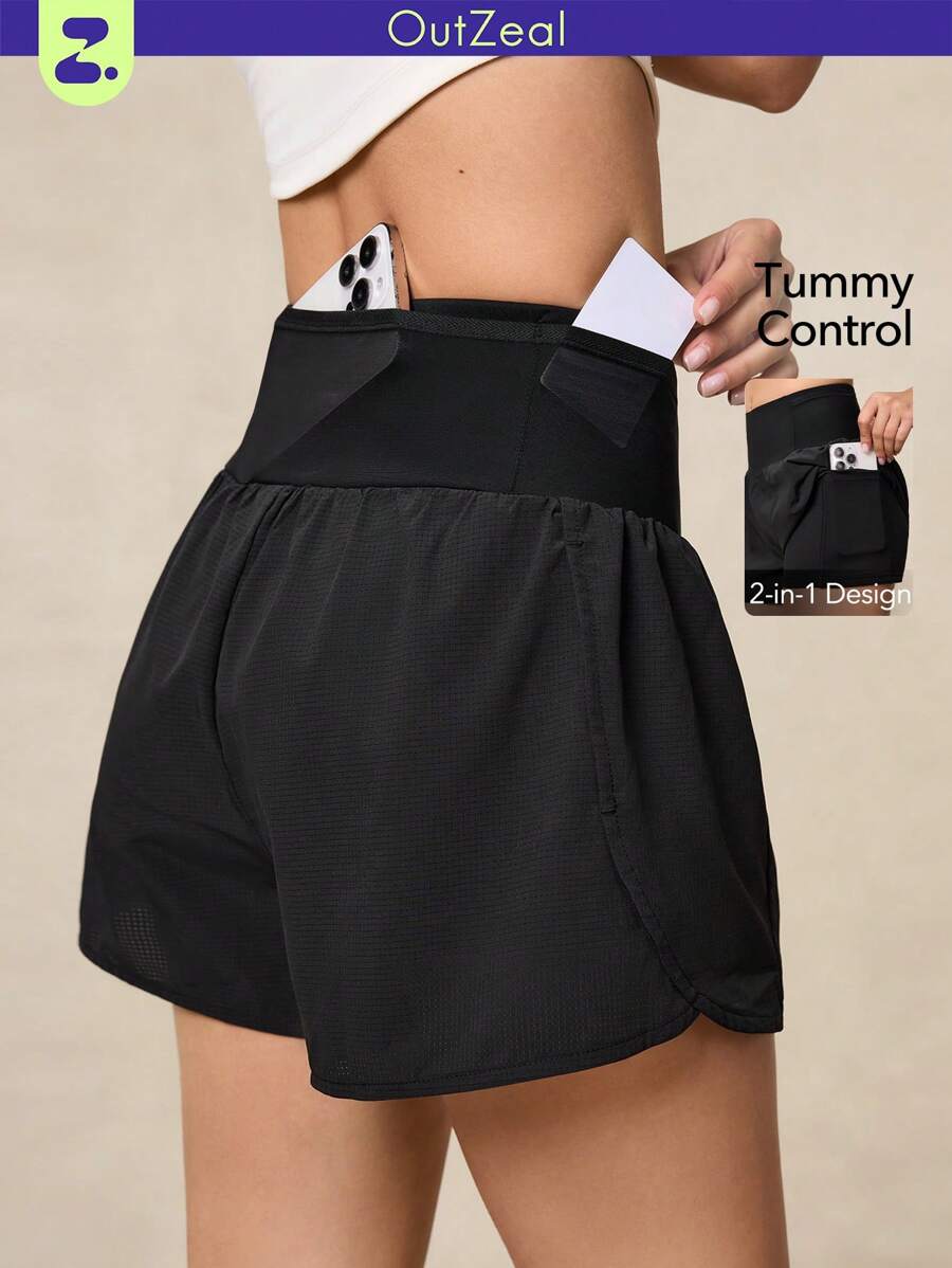 OutZeal Woman Breathable Tech Fabric Sweat Wicking Pocket Tummy Control Running Shorts