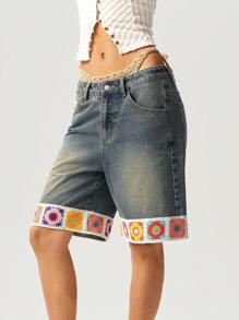 Bohemela 女式钩针图案口袋宽松休闲百搭牛仔短裤 - 寶藍色 - 查看 6