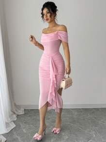 Elenzga Elegantes Kleid mit Spaghettiträgern, geraffter Oberschenkelöffnung und einfarbig - Pink - Übersicht 3