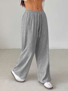 SHEIN PETITE 女士纯色抽绳腰部柔软针织宽松休闲裤，秋冬，宽松裤 - 灰色 - 查看 5