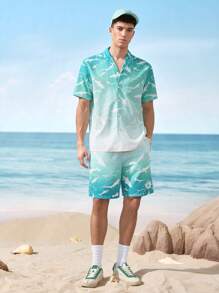 Shark Week X SHEIN مجموعة قصيرة الأكمام بأزرار أمامية برسمة سمكة القرش وشورت بجيب مائل للرجال - ازرق عسكري - مشاهدة 4