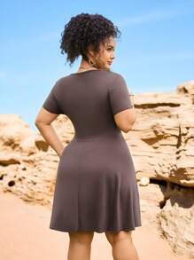 SHEIN EZwear Plus Size Summer V-Neck Brown Nomadic Style Knit Dress - Black - View 2