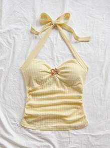 Soleia Canotta da donna con scollo a V, decorazione floreale e fibbia metallica, chiusura sul retro, aderente, tessuto strutturato, adatta per vacanza, appuntamento, tè pomeridiano, vacanza, festival musicali, stile bohémien, matrimonio all'aperto, primavera/estate