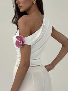 Aloruh Romantic Asymmetrical Neck Ruched 3D Floral Fitted Pink Blouse - White - View 2
