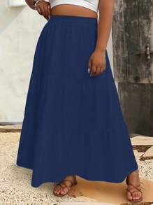 EMERY ROSE Plus Size Casual Solid Color Skirt Maxi Skirt - Navy Blue - View 7