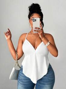 Maweii Plus Size Women High Elasticity Solid Knit Asymmetrical Hem Camisole - White - View 1